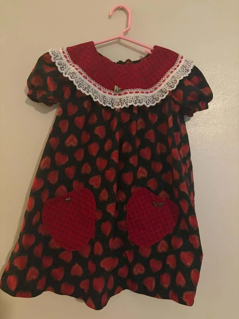Vintage Handmade Girls Valentine's Day Heart Print Lace Collar Dress